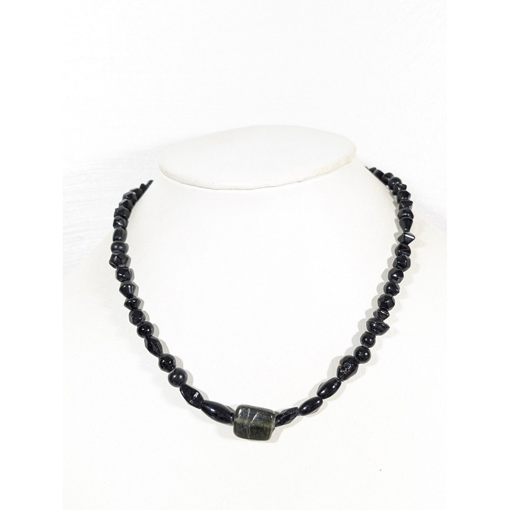 Vintage Black Gray Glass Beaded Necklace Gothic Minimalist Boho 17.5"